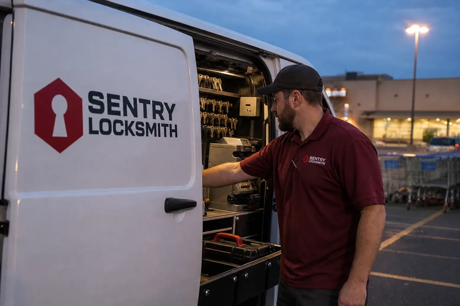 The Sentry Locksmith service van, stocked for lockouts and key cutting in Peoria